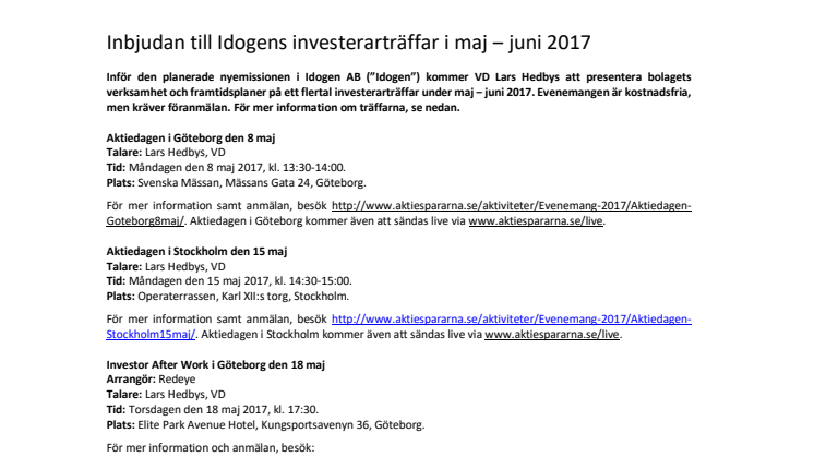 Inbjudan till Idogens investerarträffar i maj ‒ juni 2017