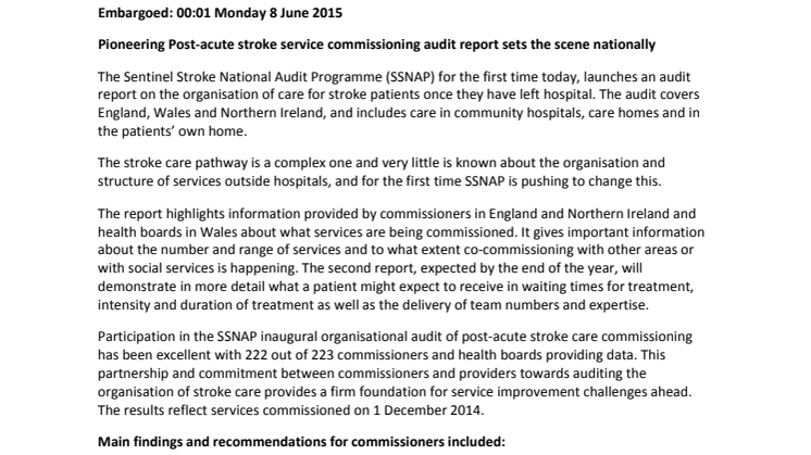 Stroke Association statement on the SSNAP Post-acute service commissioning audit report