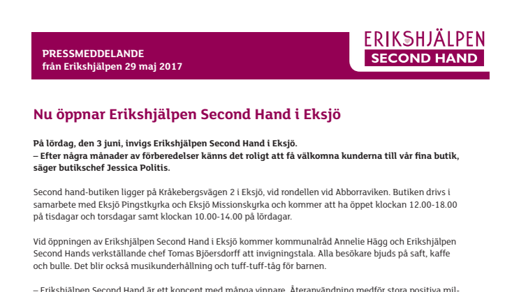 Nu öppnar Erikshjälpen Second Hand i Eksjö