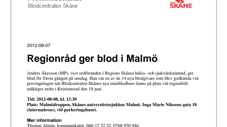 Regionråd ger blod i Malmö