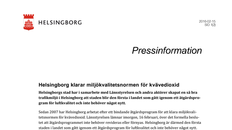 Helsingborg klarar miljökvalitetsnormen för kvävedioxid
