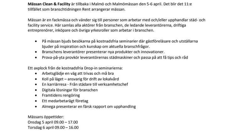 Mässan Clean & Facility är tillbaka i Malmö och Malmömässan den 5-6 april