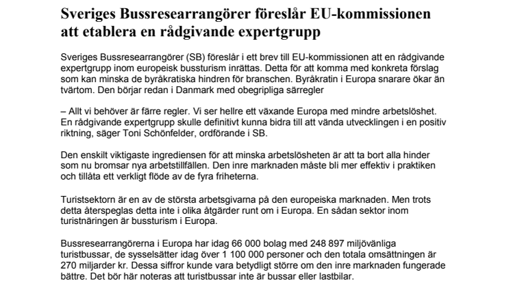 Sveriges Bussresearrangörer föreslår EU-kommissionen att etablera en rådgivande expertgrupp