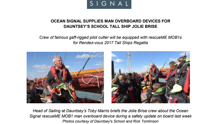 Ocean Signal: Ocean Signal Supplies Man Overboard Devices for Dauntsey’s School Tall Ship Jolie Brise