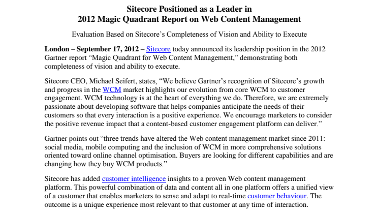Sitecore Positioned as a Leader in  2012 Magic Quadrant Report on Web Content Management 