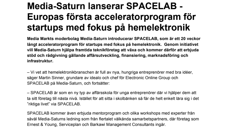 Media-Saturn lanserar SPACELAB - Europas första acceleratorprogram för startups med fokus på hemelektronik