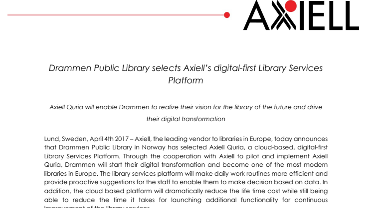 Drammen Public Library selects Axiell’s digital-first Library Services Platform