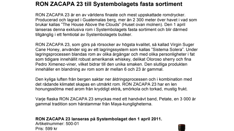 RON ZACAPA 23 till Systembolagets fasta sortiment  
