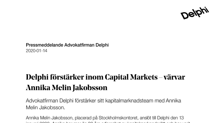Delphi förstärker inom Capital Markets – värvar Annika Melin Jakobsson