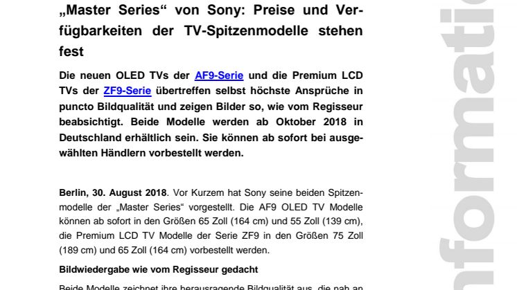 „Master Series“ von Sony: Preise und Verfügbarkeiten der TV-Spitzenmodelle stehen fest