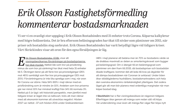Erik Olsson Fastighetsförmedling kommenterar bostadsmarknaden 18 september 2020