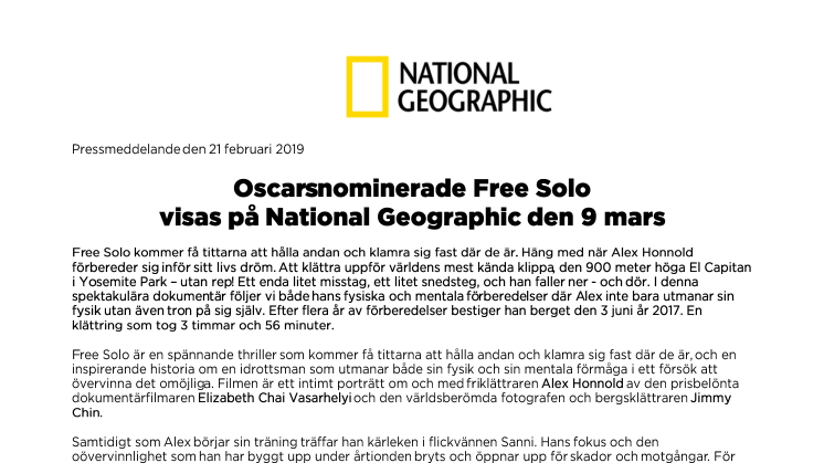 Oscarsnominerade Free Solo visas på National Geographic den 9 mars