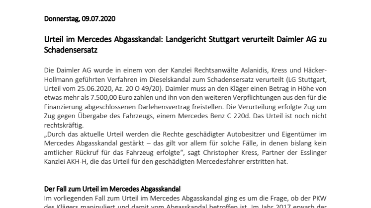 Urteil im Mercedes Abgasskandal: Landgericht Stuttgart verurteilt Daimler AG zu Schadensersatz