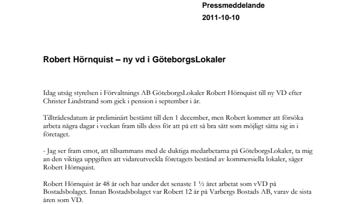 Robert Hörnquist - ny VD i GöteborgsLokaler