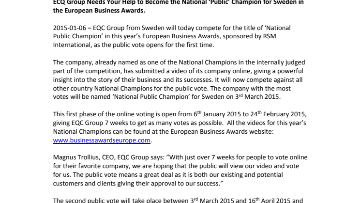ECQ Group Needs Your Help to Become the National ‘Public’ Champion for Sweden in the European Business Awards.