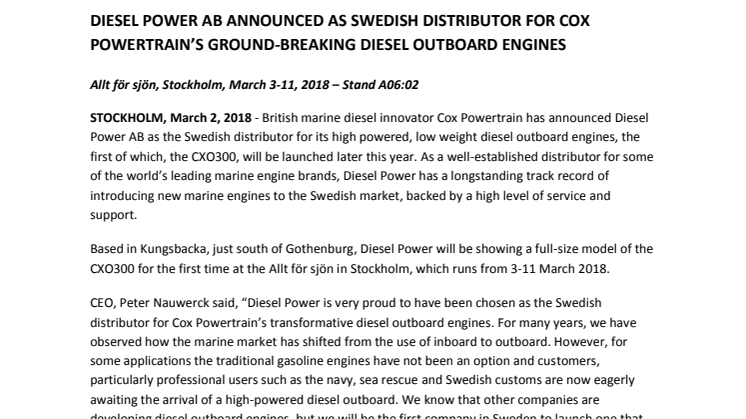 Cox Powertrain - Stockholm International Boat Show: Diesel Power AB announced as Swedish Distributor for Cox Powertain's Diesel Outboard Engines