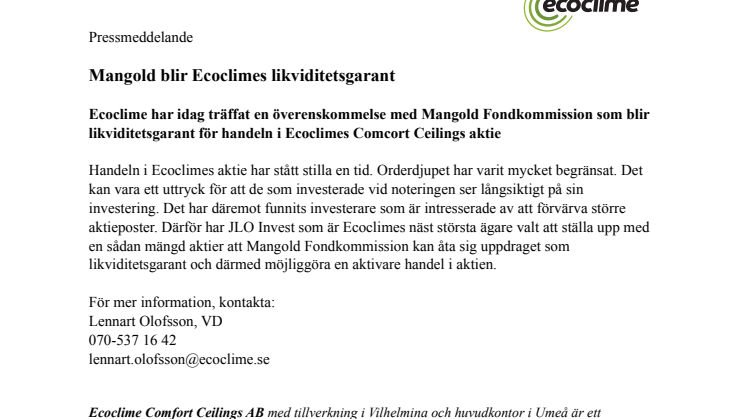 Mangold blir Ecoclimes likviditetsgarant