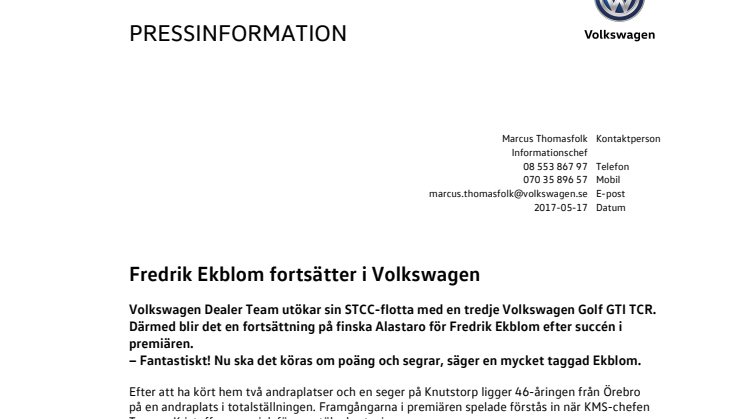 Fredrik Ekblom fortsätter i Volkswagen