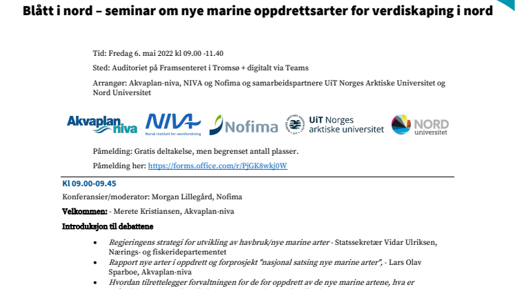 Seminar Blått i nord_6 mai 2022 - Nye marine oppdrettsarter PROGRAM.pdf