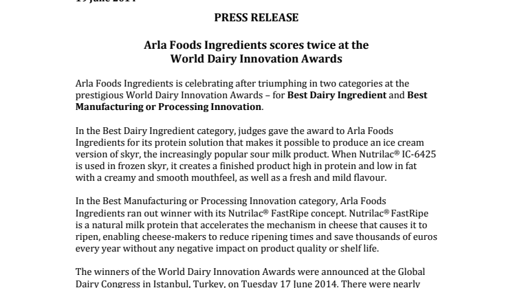 Arla Foods Ingredients scores twice at the World Dairy Innovation Awards