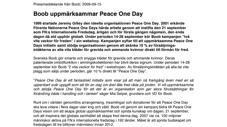 Boob uppmärksammar Peace One Day