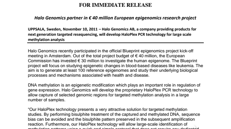 Halo Genomics partner in € 40 million European epigenomics research project