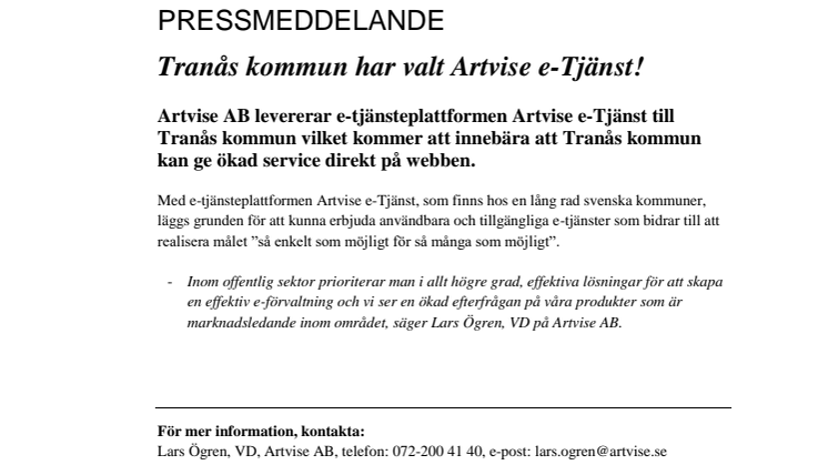 Tranås kommun har valt Artvise e-Tjänst!