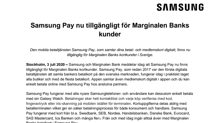 Samsung Pay nu tillgängligt för Marginalen Banks kunder