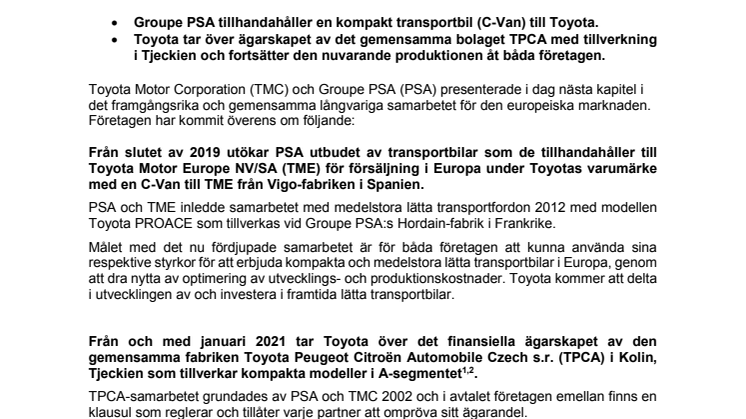 Groupe PSA och Toyota utökar det långsiktiga samarbetet i Europa