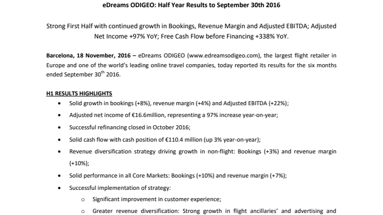 eDreams ODIGEO: Half Year Results to September 30th 2016