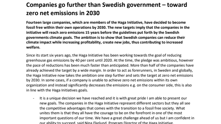 Companies go further than Swedish Government – toward zero net emissions in 2030