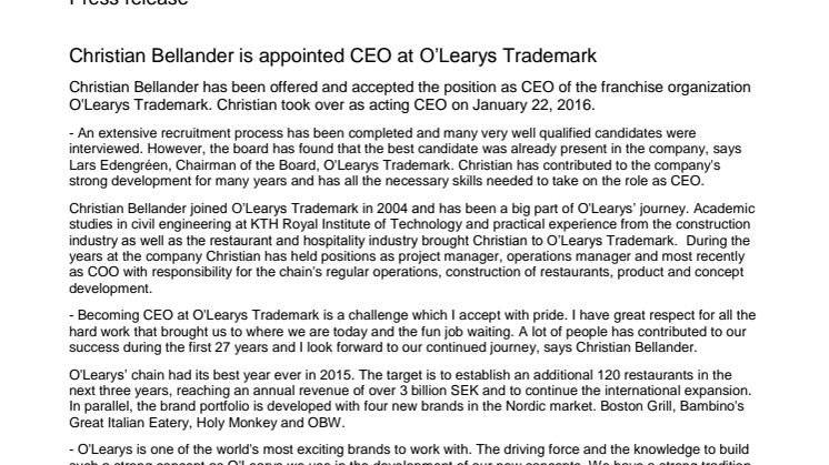 ​Christian Bellander is appointed CEO at O’Learys Trademark