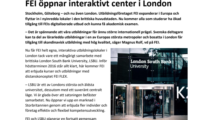 FEI öppnar interaktivt center i London
