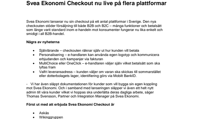 Svea Ekonomi Checkout nu live på flera plattformar