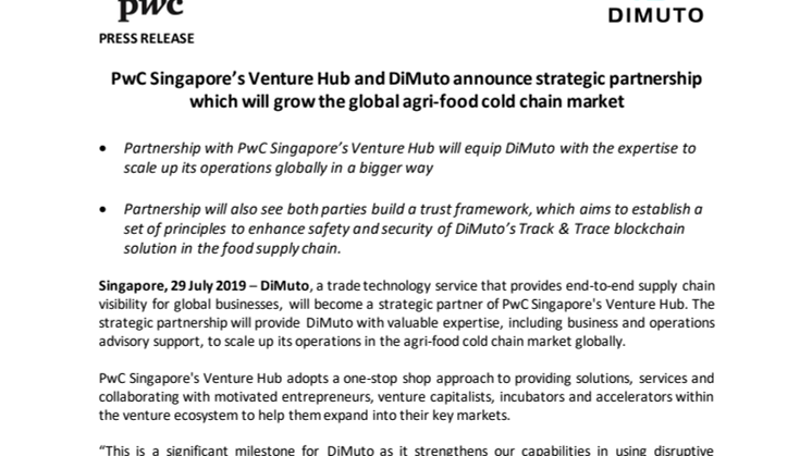 PwC Singapore’s Venture Hub and DiMuto announce strategic partnership which will grow the global agri-food cold chain market