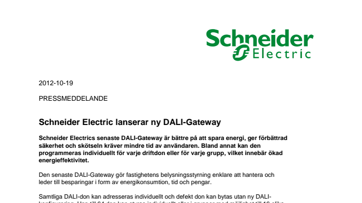 Schneider Electric lanserar ny DALI-Gateway