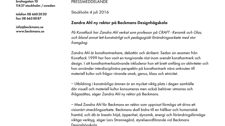 Zandra Ahl ny rektor på Beckmans Designhögskola