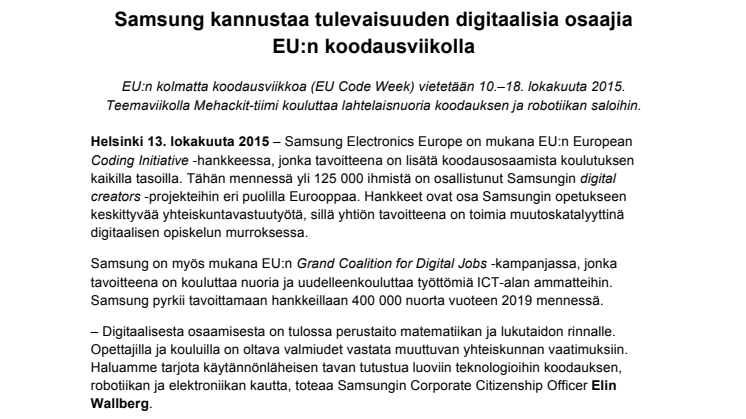  Samsung kannustaa tulevaisuuden digitaalisia osaajia EU:n koodausviikolla 