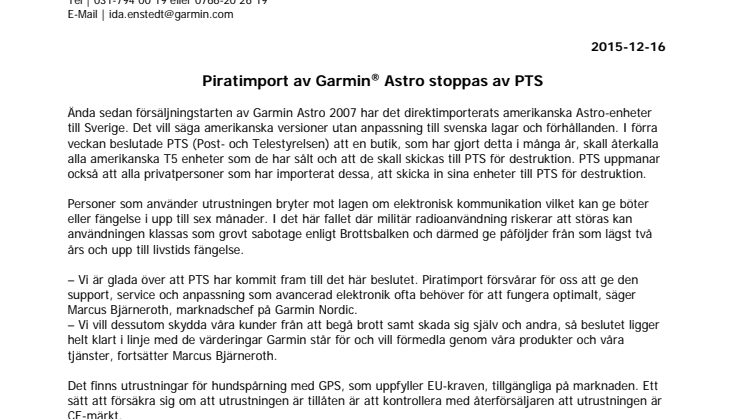 Piratimport av Garmin® Astro stoppas av PTS