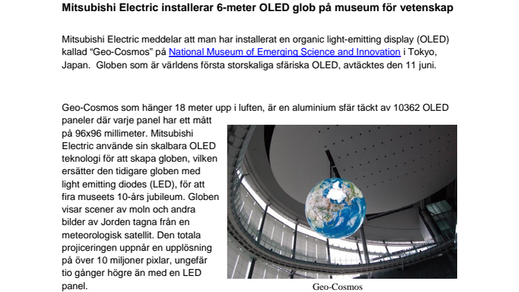 Mitsubishi Electric installerar 6-meter OLED glob på museum för vetenskap