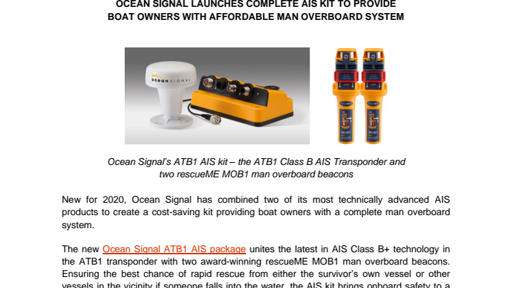 Ocean Signal Launches Complete AIS Kit to Provide Boat Owners with Affordable Man Overboard System