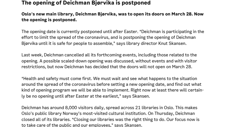 Press release: Postponed opening of Deichman Bjørvika