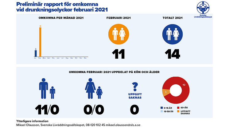 Preliminär sammanställning av omkomna vid drunkningsolyckor under februari 2021