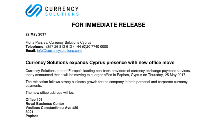 Currency Solutions expands Cyprus presence with new office move