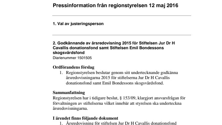 Pressinformation från regionstyrelsen den 12 maj 2016