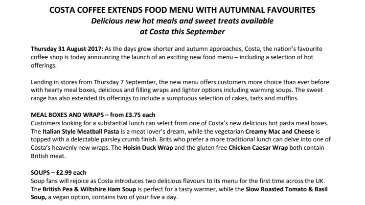 Costa Coffee Extends Food Menu with Autumnal Favourites