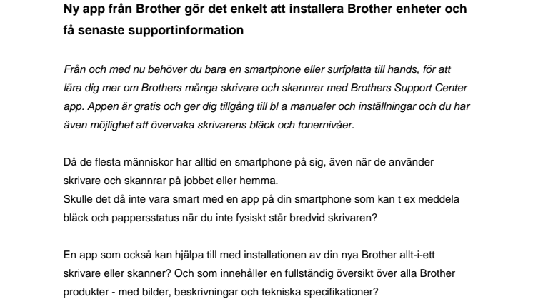 Ny app från Brother gör det enkelt att installera Brother enheter och få senaste supportinformation