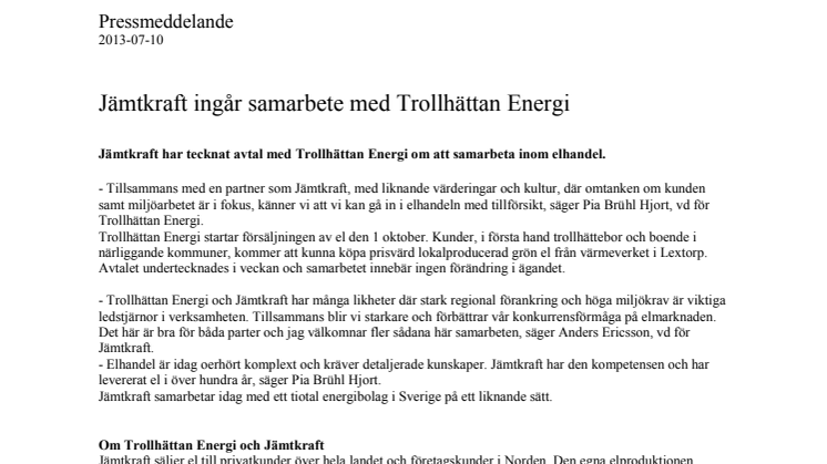 Jämtkraft ingår samarbete med Trollhättan Energi 