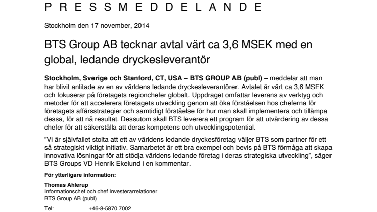 BTS Group AB tecknar avtal värt ca 3,6 MSEK med en global, ledande dryckesleverantör