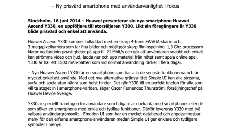 Ny prisvärd smartphone med användarvänlighet i fokus – Nu finns Huawei Ascend Y330 i Sverige